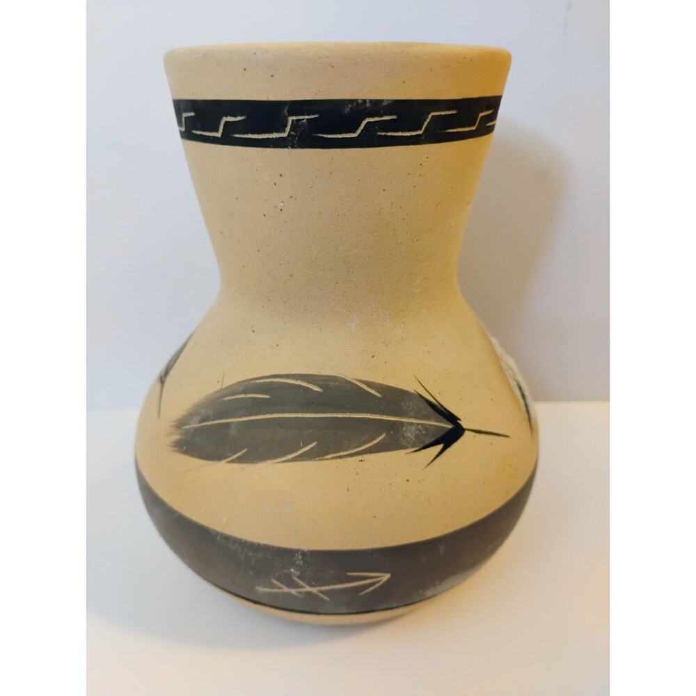 Vintage Grey Feather Pottery Vase Hand Painted Southwestern Multi Feather Signed